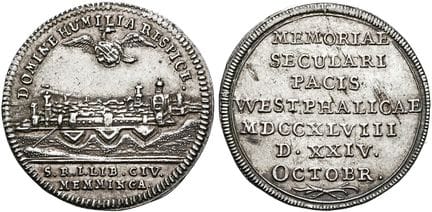 1871年之前的德国硬币与纪念章。梅明根市。 采用杜卡特币印模铸造的银质复制品，直径23毫米（2.5