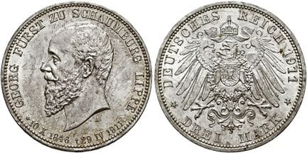 1871年后的德国。帝国银币。绍姆堡-利普。乔治，1893-1911年。3马克，直径33毫米（16.