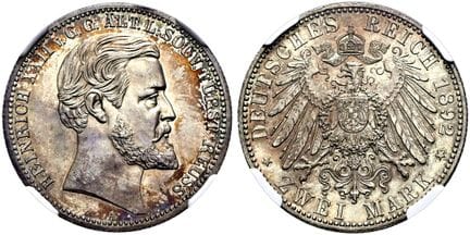 1871年后的德国。帝国银币。罗伊斯，老支系。海因里希二十二世，1859-1902年。2马克，直径2