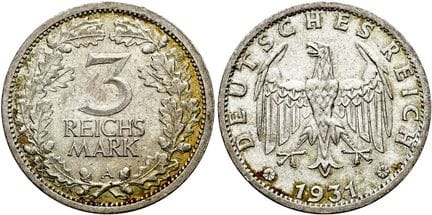 1871年起德国。魏玛共和国。流通硬币。3帝国马克，直径30毫米（15.07克）。1931 A，柏林