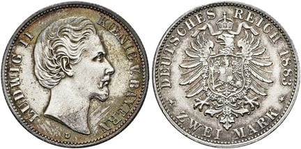 1871年起德国。帝国银币。巴伐利亚。路德维希二世，1864-1886年。2马克，直径28毫米（11