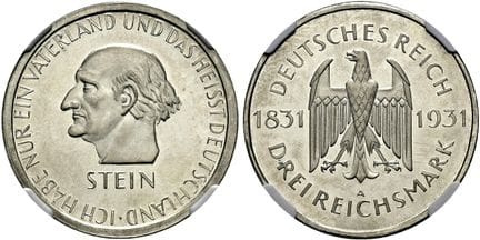1871年后的德国。魏玛共和国。纪念币。3帝国马克（14.99克）。1931 A，柏林。 纪念冯·斯