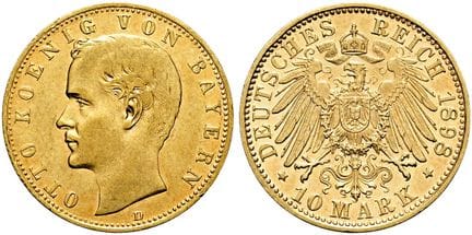 1871年后的德国。帝国金币。巴伐利亚。奥托二世，1886-1913年。10马克（3.97克）。18