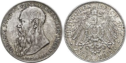 1871年后的德国。帝国银币。萨克森-迈宁根。乔治二世，1866-1914年。2马克，直径28毫米（