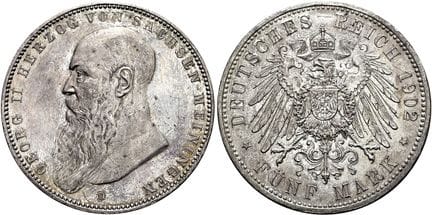 1871年后的德国。帝国银币。萨克森-迈宁根。乔治二世，1866-1914年。5马克，直径38毫米（