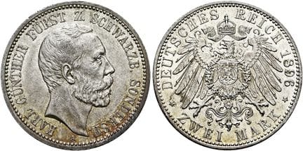 1871年后的德国。帝国银币。施瓦茨堡-ゾン德斯豪森。卡尔·冈特，1880-1909年。2马克，直径