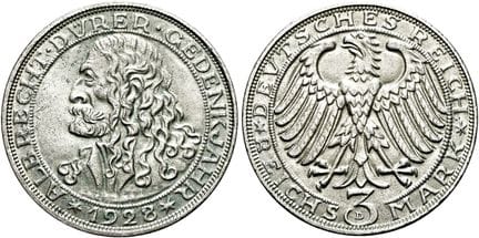 1871年后的德国。魏玛共和国。纪念币。3帝国马克，直径30毫米（14.94克）。 1928年 D，