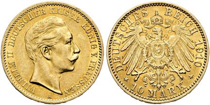 1871年后的德国。帝国金币。普鲁士。威廉二世，1888-1918年。10马克，直径20毫米（3.9