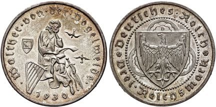 1871年后的德国。魏玛共和国。纪念币。3帝国马克，直径30毫米（14.96克）。1930年D，慕尼