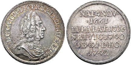 1871年前的德国硬币与奖章。普法尔茨。卡尔·菲利普，1716—1742。采用双杜卡特印模铸造的银币