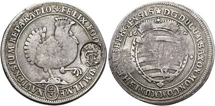 1871年前的德国硬币与奖章。亨内贝格伯爵领地。 与萨克森联合发行，1692–1702年。2/3塔勒