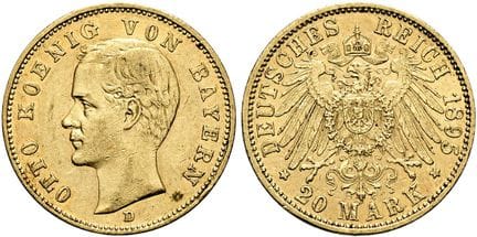 1871年后的德国。帝国金币。巴伐利亚。奥托二世，1886-1913年。20马克，直径22毫米（7.