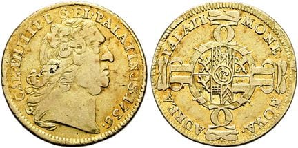 1871年之前的德国钱币与奖章。普法尔茨。卡尔·菲利普，1716—1742年。1/2卡罗琳，直径23