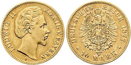 1871年后的德国。帝国金币。巴伐利亚。路德维希二世，1864-1886年。10马克（3.94克）。