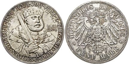 1871年后的德国。帝国银币。萨克森-魏玛-艾森纳赫。威廉·恩斯特，1901-1918年。5马克，直