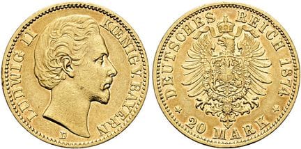 1871年后的德国。帝国金币。巴伐利亚。路德维希二世，1864-1886年。20马克（7.90克）。