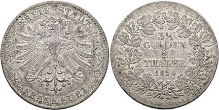 1871年之前的德国硬币与奖章。美因河畔法兰克福，市发行。双塔勒（2个协会塔勒）直径41毫米（37.