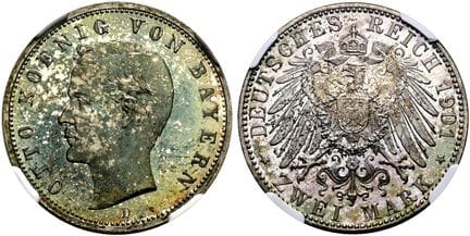 1871年后的德国。帝国银币。巴伐利亚。奥托二世，1886-1913年。2马克，直径28毫米（11.