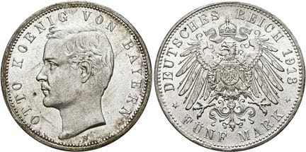 1871年后的德国。帝国银币。巴伐利亚。奥托二世，1886-1913年。5马克，直径38毫米（27.