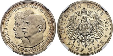 1871年后的德国。帝国银币。安哈尔特。腓特烈二世，1904-1918年。5马克，直径38毫米（27