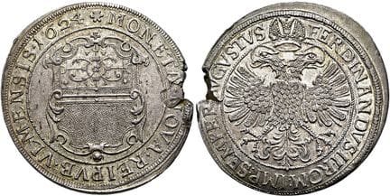 1871年之前的德国硬币与奖章。乌尔姆市。1624年帝国塔勒币，直径40毫米，乌尔姆。铸有皇帝费迪南