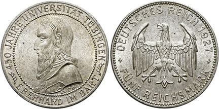 1871年后的德国。魏玛共和国。纪念币。5帝国马克，直径36毫米（24.83克）。 1927年F版，