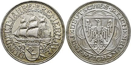 1871年后的德国。魏玛共和国。纪念币。5帝国马克，直径36毫米（24.97克）。1927年A版，柏