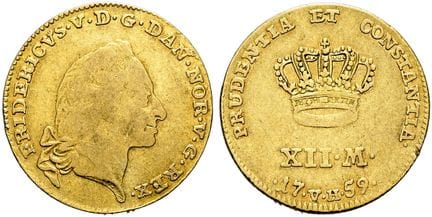 欧洲硬币与奖章。丹麦。 弗里德里希五世，1746-1766年。 流通币——12马克杜卡特，直径21毫