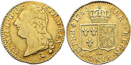 欧洲钱币与奖章。法国。路易十六，1774—1793年。裸头路易金币，直径24毫米（7.55克）。17