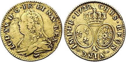 欧洲钱币与奖章。法国。路易十五，1715—1774年。带眼镜图案的路易金币，直径24毫米（8.08克