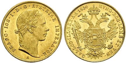 奥地利-匈牙利。哈布斯堡王朝（至1866年）。弗朗茨·约瑟夫，1848—1916年。杜卡特金币，直径