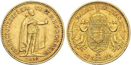 奥地利——匈牙利。哈布斯堡王朝（至1866年）。弗朗茨·约瑟夫，1848—1916年。10克朗，直径