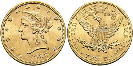 美洲。美利坚合众国（USA）。10美元，直径27毫米（16.71克）。1899年，费城。15.04克