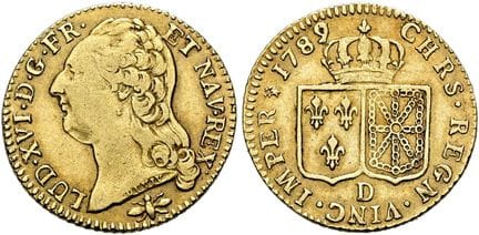 欧洲钱币与奖章。法国。路易十六，1774—1793年。裸头路易金币，直径24毫米（7.57克）。17
