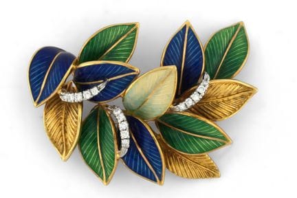 18-karat yellow gold brooch set with blue, green, 