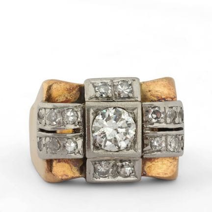 Anello in oro giallo 14 carati e platino, con diam
