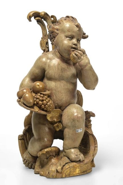 "Putto che mangia frutta" in stile barocco, in leg