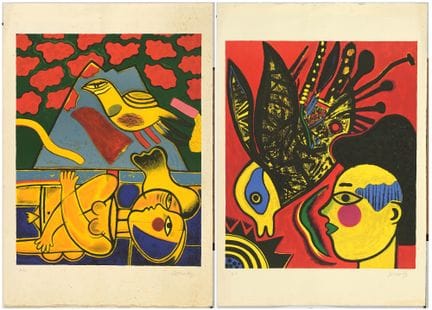 科内耶（1922—2010）
两幅彩色石版画，分别题为《富士山》和《身着节庆盛装的鸟》，绘于“富士山