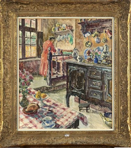 查尔斯·维安（1876—1939）
纸板油画《厨房一角》。左下角署名“Ch. Viane”。画作背面