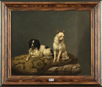 Huile sur toile "Deux chiens sur un coussin". Mono