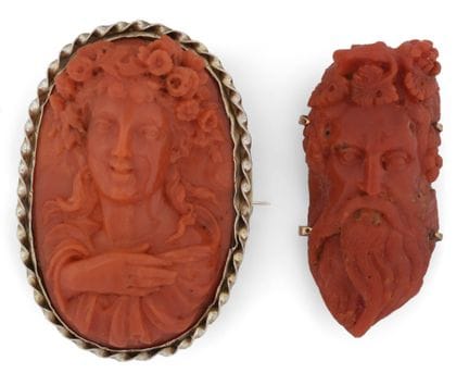 Two pieces of coral jewelry: a pendant (a former b