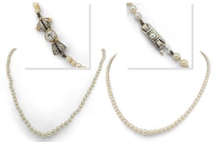 Dos collares de una sola hilera de perlas en casca