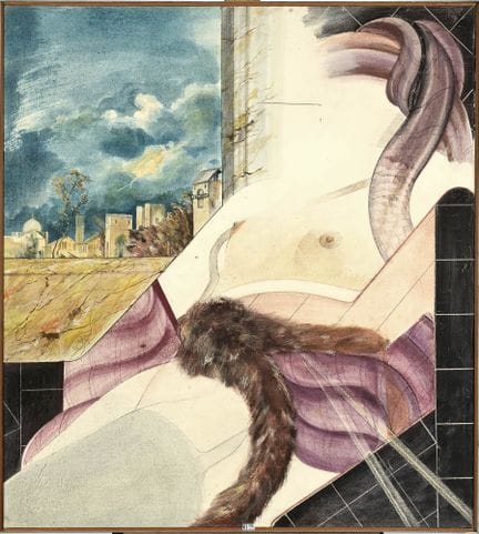 弗雷德里克·杜福尔（1943）
布面油画《披着皮毛的裸女》。左侧署名“Dufoor”并标注日期（19
