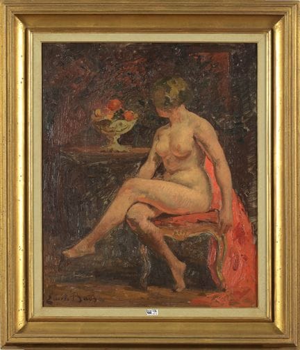 埃米尔·巴埃斯（1879—1954）
木板油画《室内坐着的裸体年轻女子》。左下角署名“埃米尔·巴埃斯