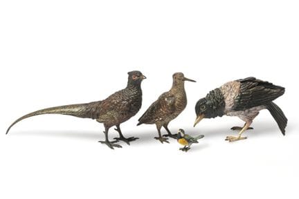 Vierer-Set „Vögel“ aus kaltbemalter Wiener Bronze,
