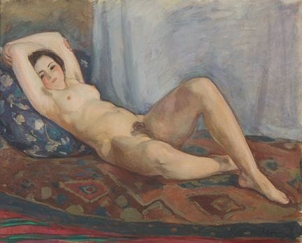 亨利·勒巴斯克
（法国，1865-1937）
《仰卧裸女，双臂上举，靠在蓝色靠垫上》，约1920-1