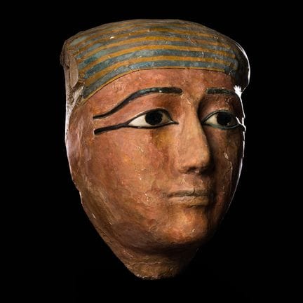 Masque de momie égyptien en bois polychrome avec i