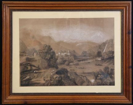 19世纪末意大利画派作品《风景中的古城》 炭笔与粉笔 37 x 51 厘米