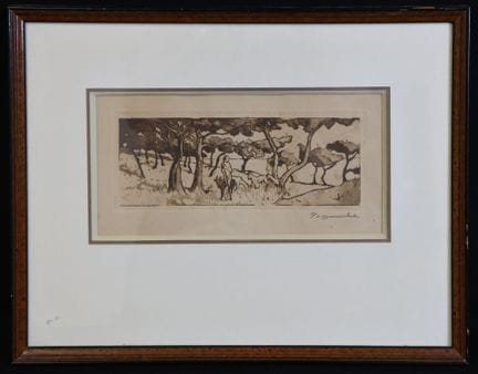 皮埃尔-莱昂·杜苏谢（1876-1936）《牧羊人与山羊》 棕色墨水版画，右下角署名，13 x 26