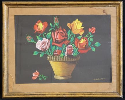 西班牙画家（20世纪）《陶罐中的玫瑰花束》 水粉画，纸本，右下角签名，32 x 46 厘米